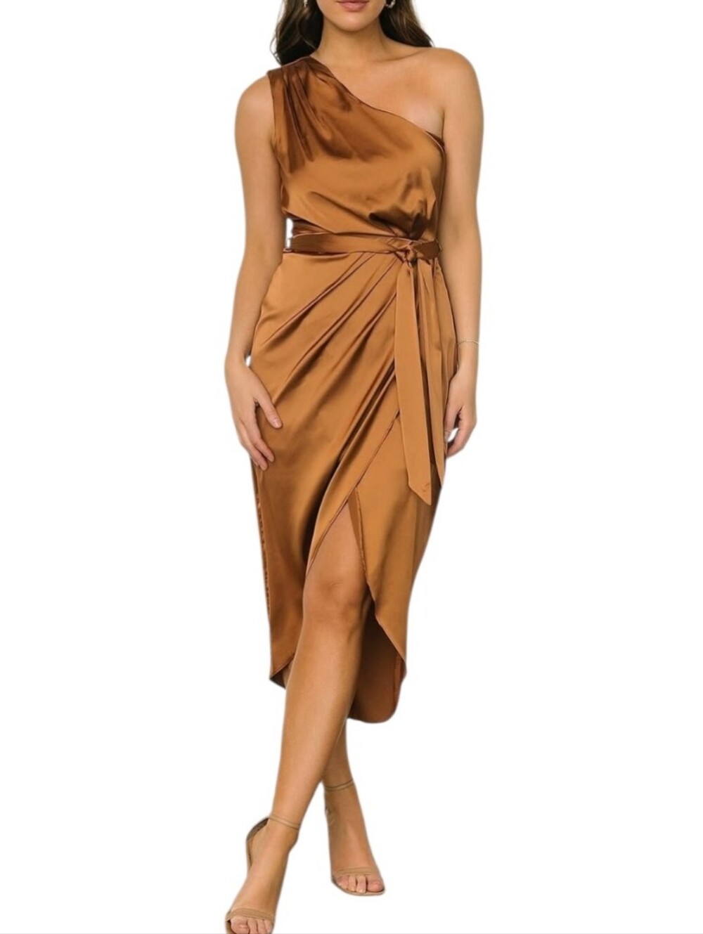 Baltic Born Celia One Shoulder Midi Dress Size M Bronze Satiny Belt Glam NEW